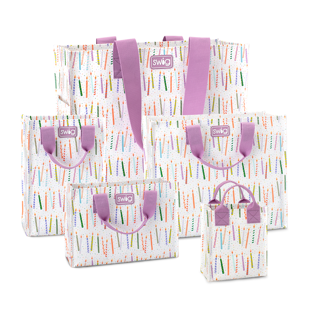 Swig Life Make a Wish Reusable Gift Bag Bundle featuring one of each Large, Medium, Tall, Small, and Mini Reusable Bags with handles