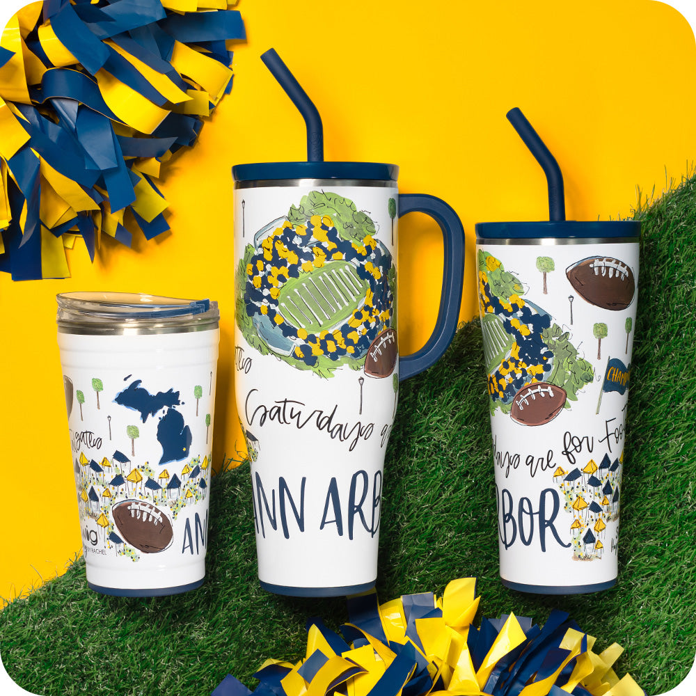 Swig Life Insulated Saturdays in Ann Arbor Drinkware collection on a sports field background