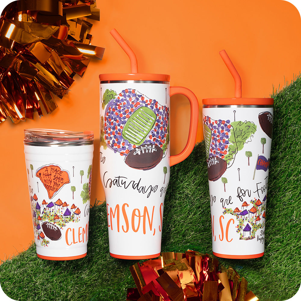 Swig Life Saturdays in Clemson Drinkware collection on sports field background