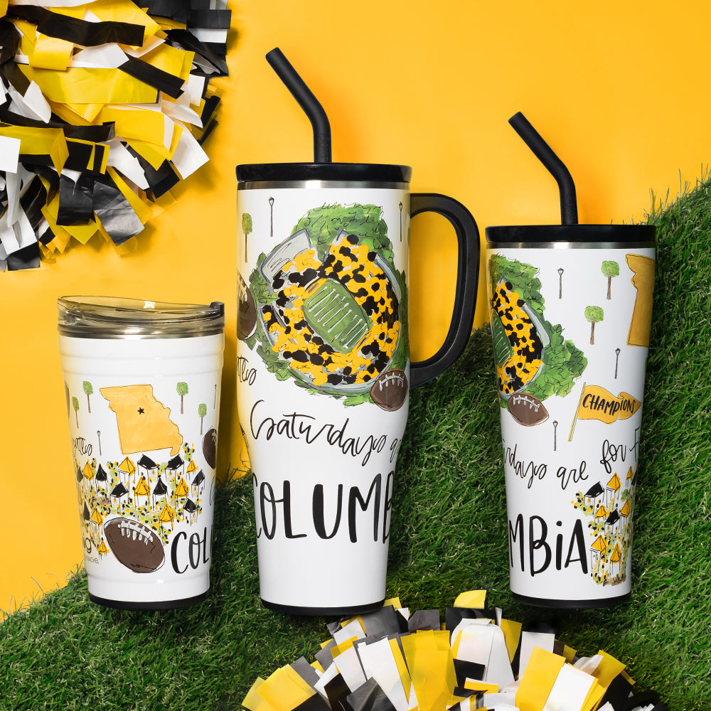 Swig Life Insulated Saturdays in Columbia, MO Drinkware collection on a sports field background