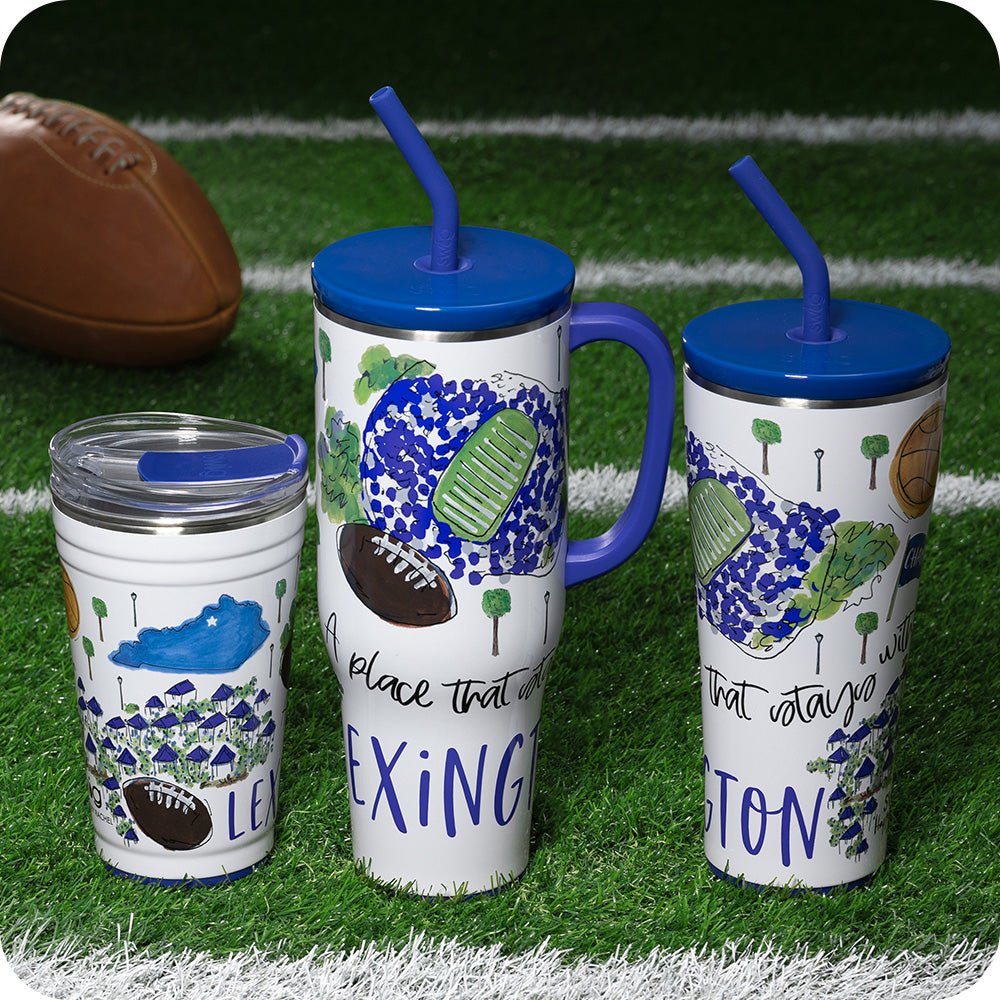 Swig Life Saturdays in Lexington Drinkware collection on a sports field background