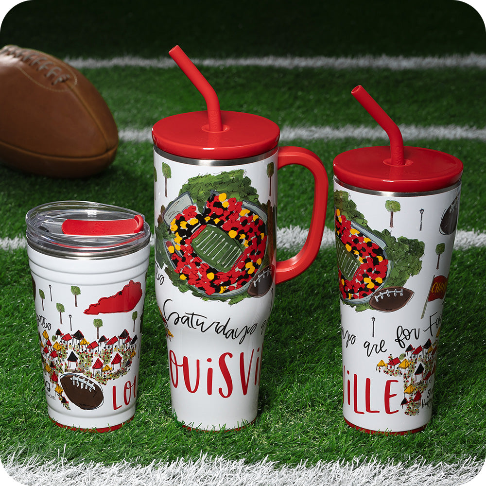 Swig Life Saturdays in Louisville Drinkware collection on a sport fields background