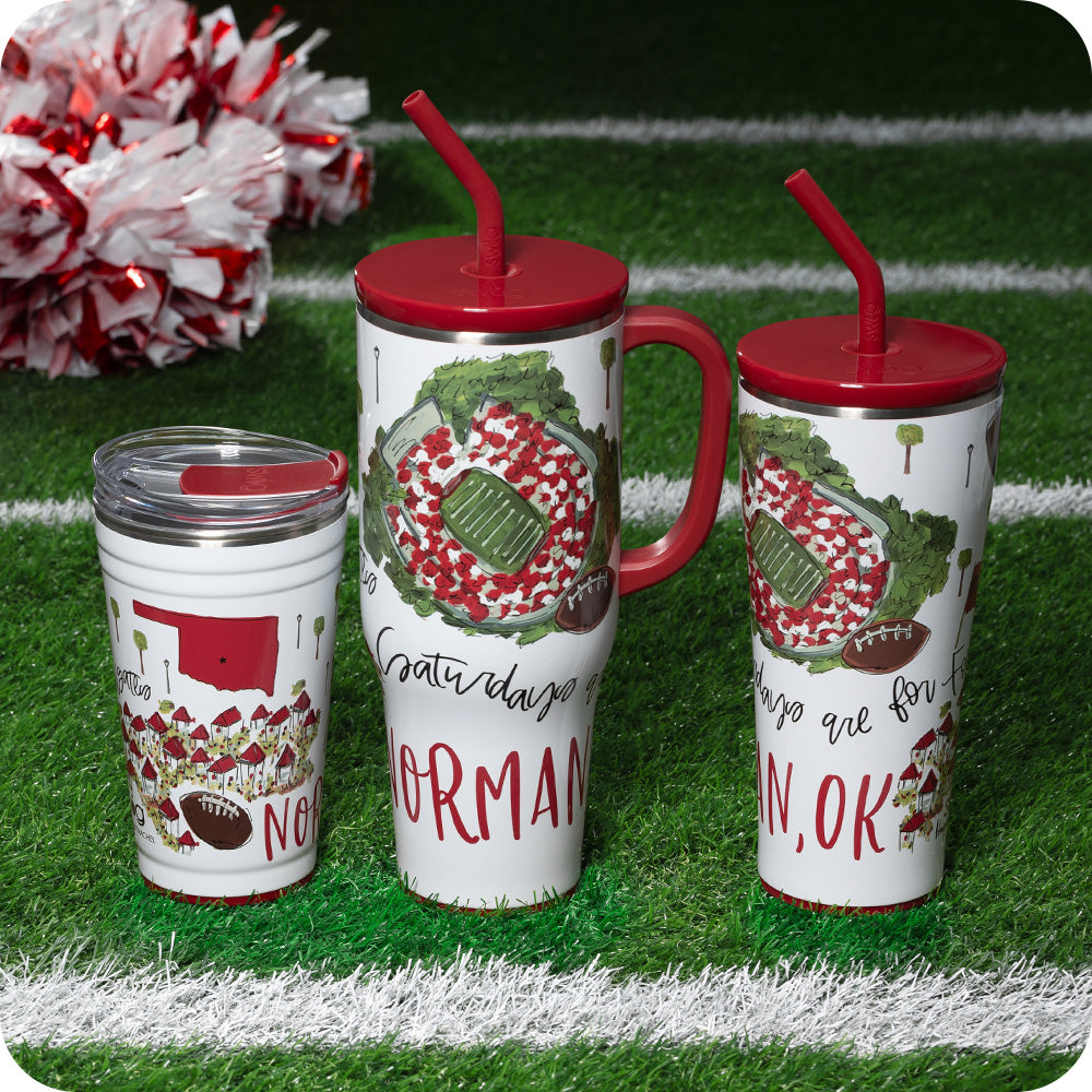 Swig Life Insulated Saturdays in Norman Drinkware collection on a sports field background