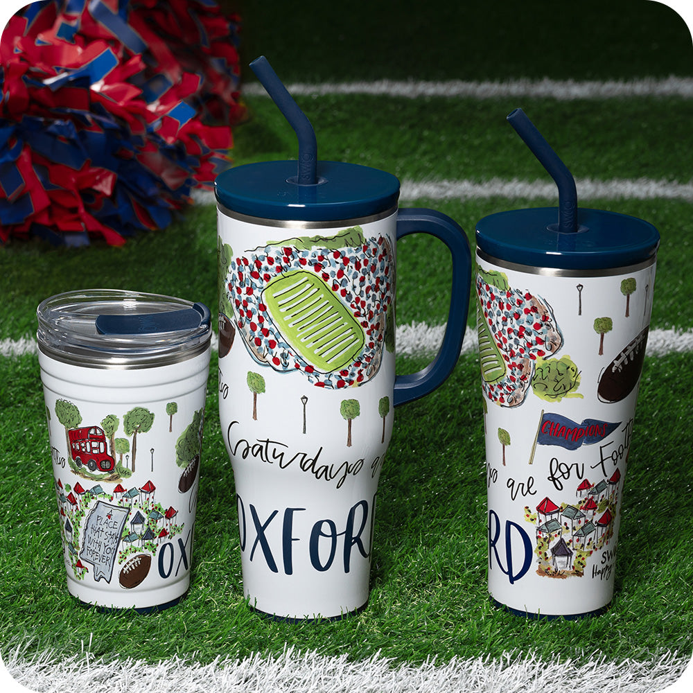 Swig Life Saturdays in Oxford Drinkware collection on sports field background
