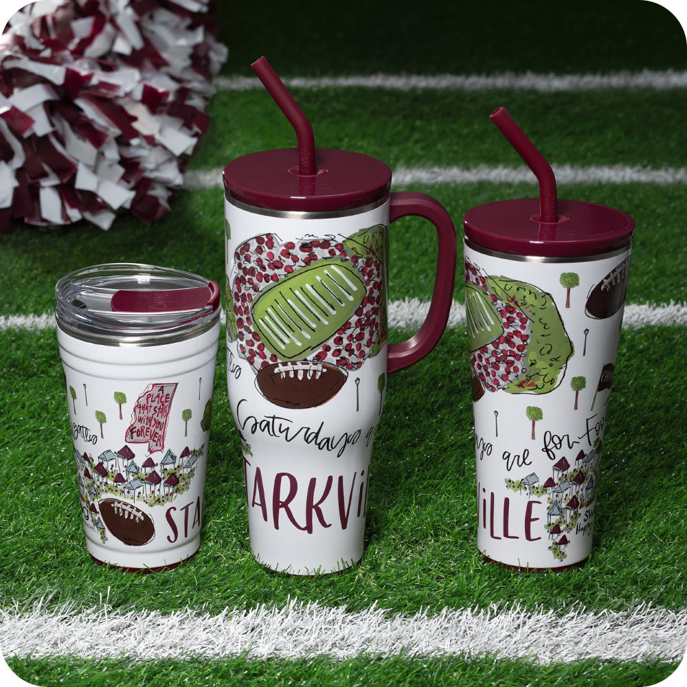 Swig Life Insulated Saturdays in Starkville Drinkware collection on a sports field background