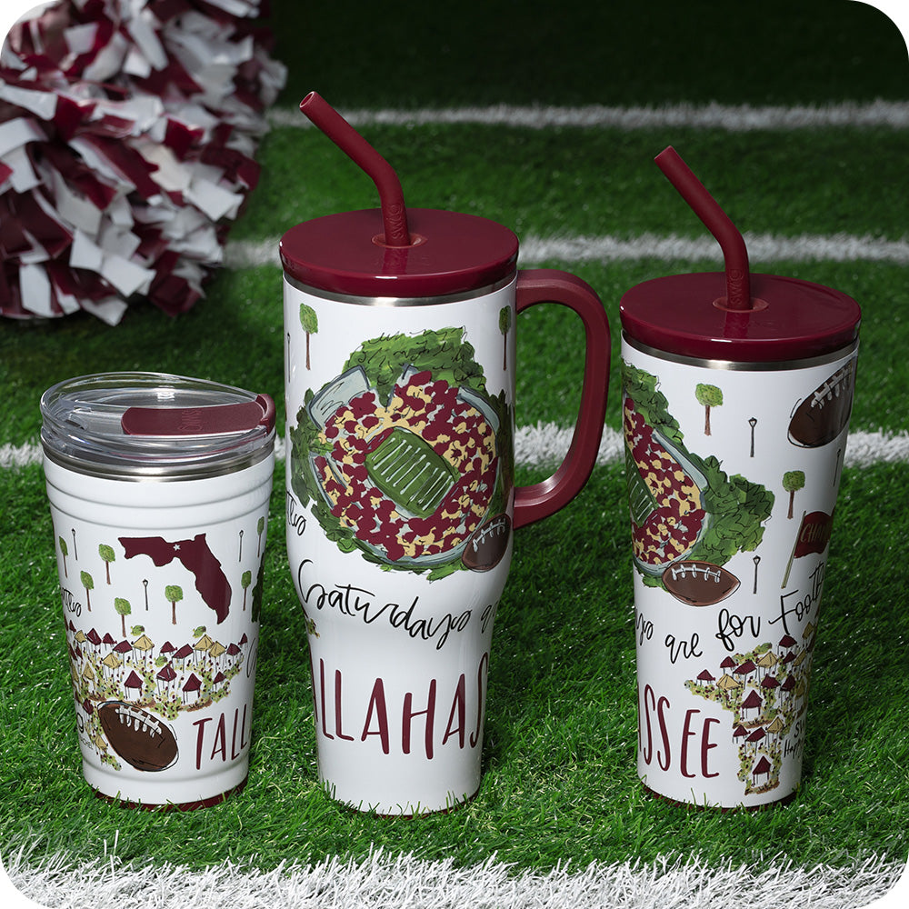 Swig Life Saturdays in Tallahassee Drinkware collection on a sports field background