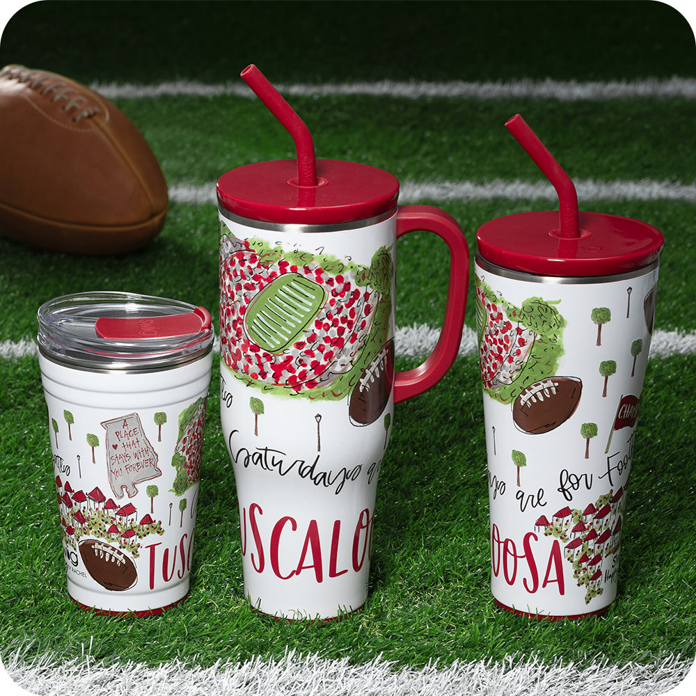 Swig Life Saturdays in Tuscaloosa Drinkware collection in a sports field background