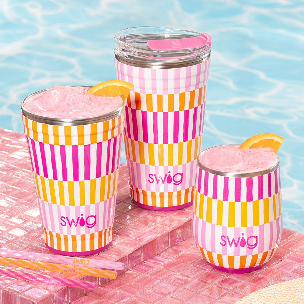 Swig Life Sherbet Stripe Insulated Drinkware group shot of 24oz Party Cup, 18oz Party Cup, 12oz Wine Cup