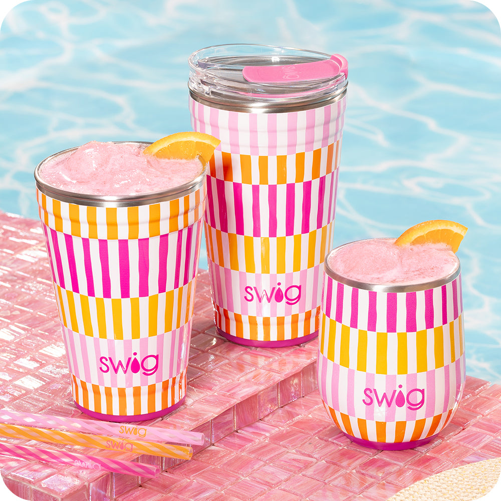 Swig Life Sherbet Stripe Insulated Drinkware group shot of 24oz Party Cup, 18oz Party Cup, 12oz Wine Cup