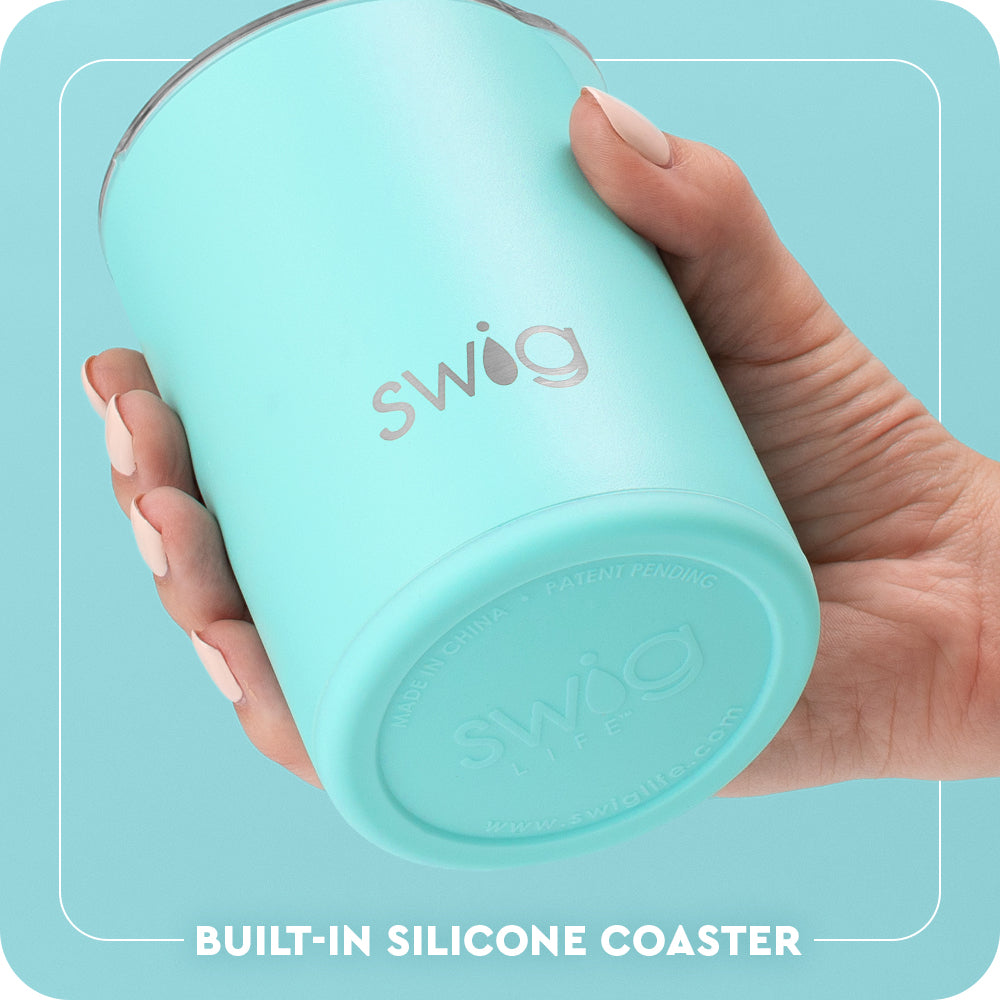 Swig Life 12oz Short Tumbler Built-in Silicone Coaster Base infographic shown in Aqua - slip-free, scratch-free, noise-free