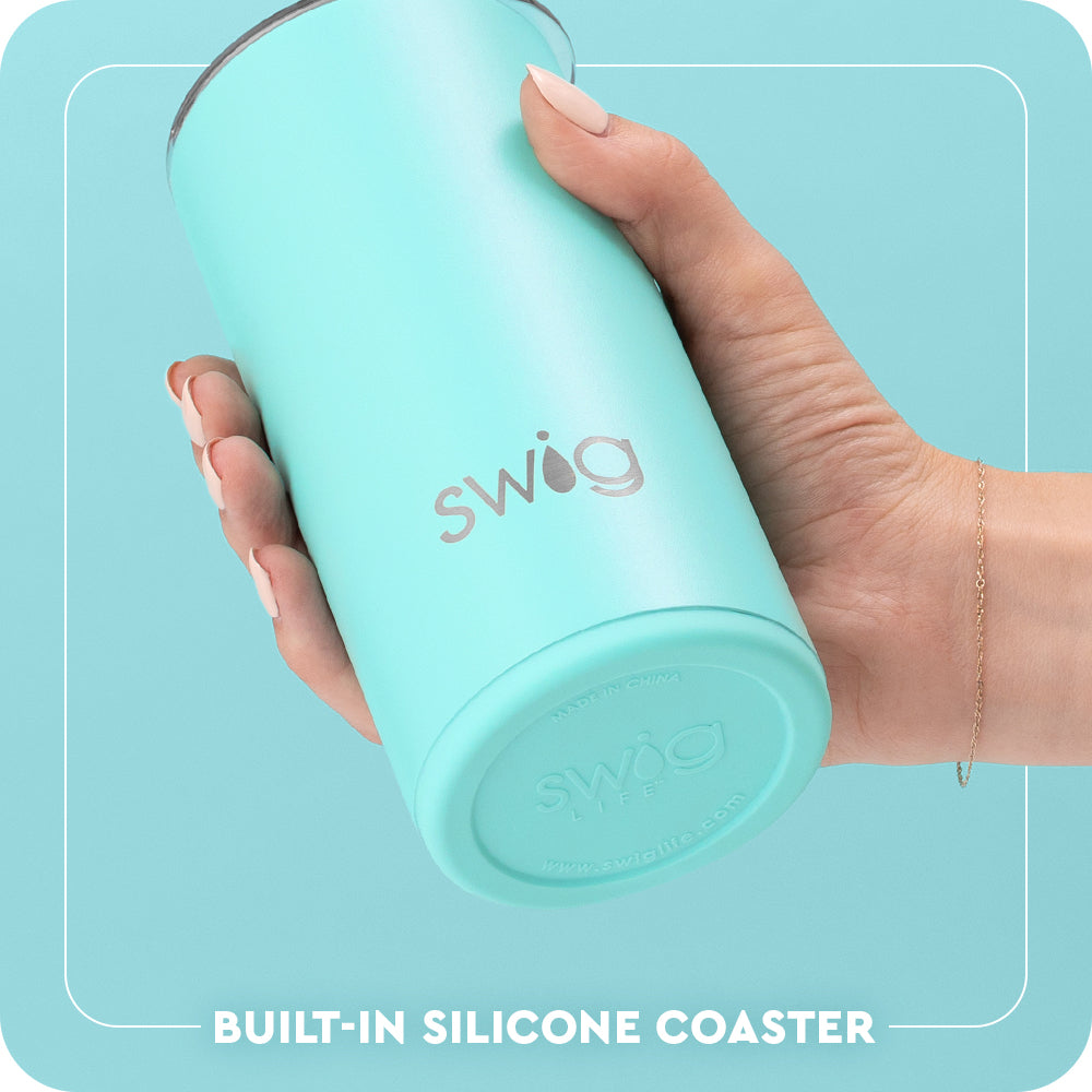 Swig Life 12oz Slim Tumbler Built-in Silicone Coaster Base infographic shown in Aqua - slip-free, scratch-free, noise-free