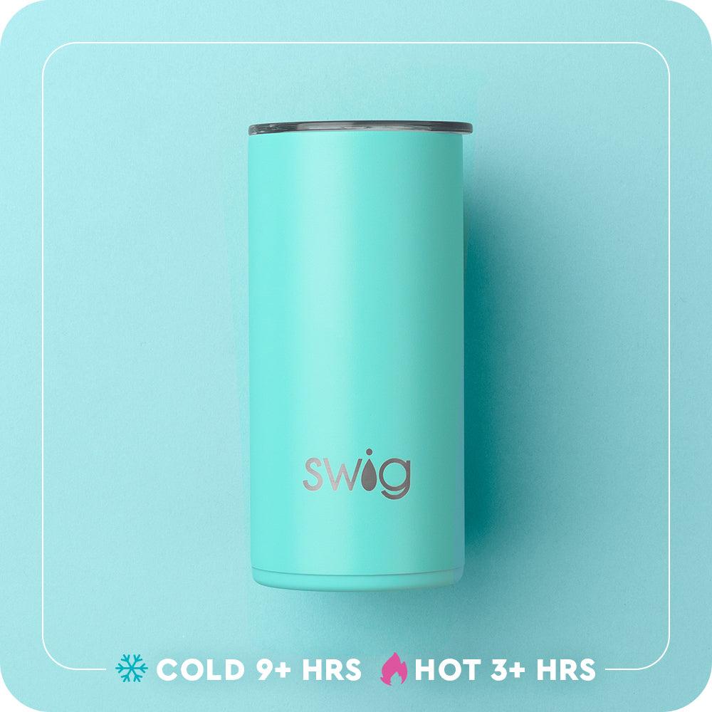 Swig Life 12oz Slim Tumbler temperature infographic - cold 9+ hours or hot 3+ hours
