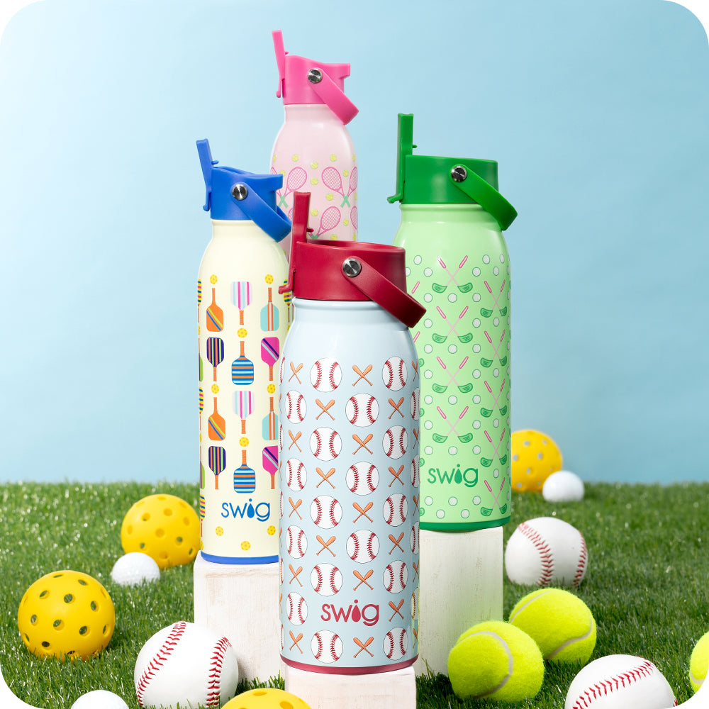 Swig Life Insulated Home Run 36oz Flip + Sip Water Bottle with Sports collection Flip + Sip Water Bottles surrounded by sports balls