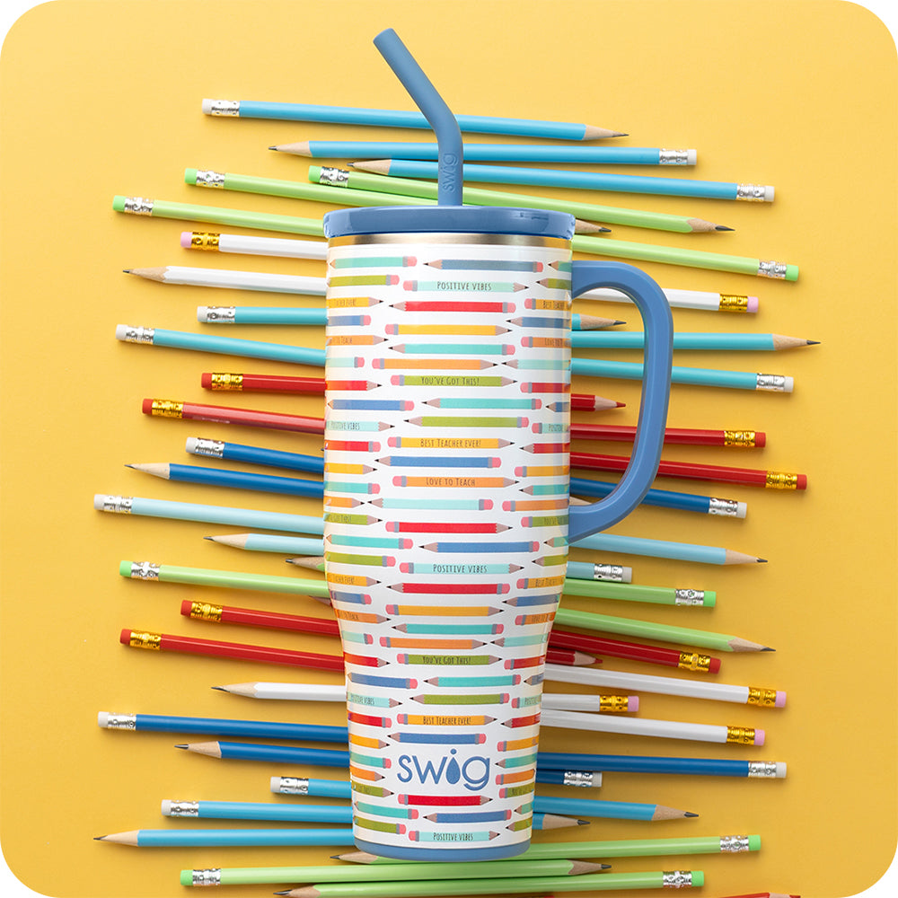 Teacher Life 40oz Mega Mug with pencils shot behind on a yellow background