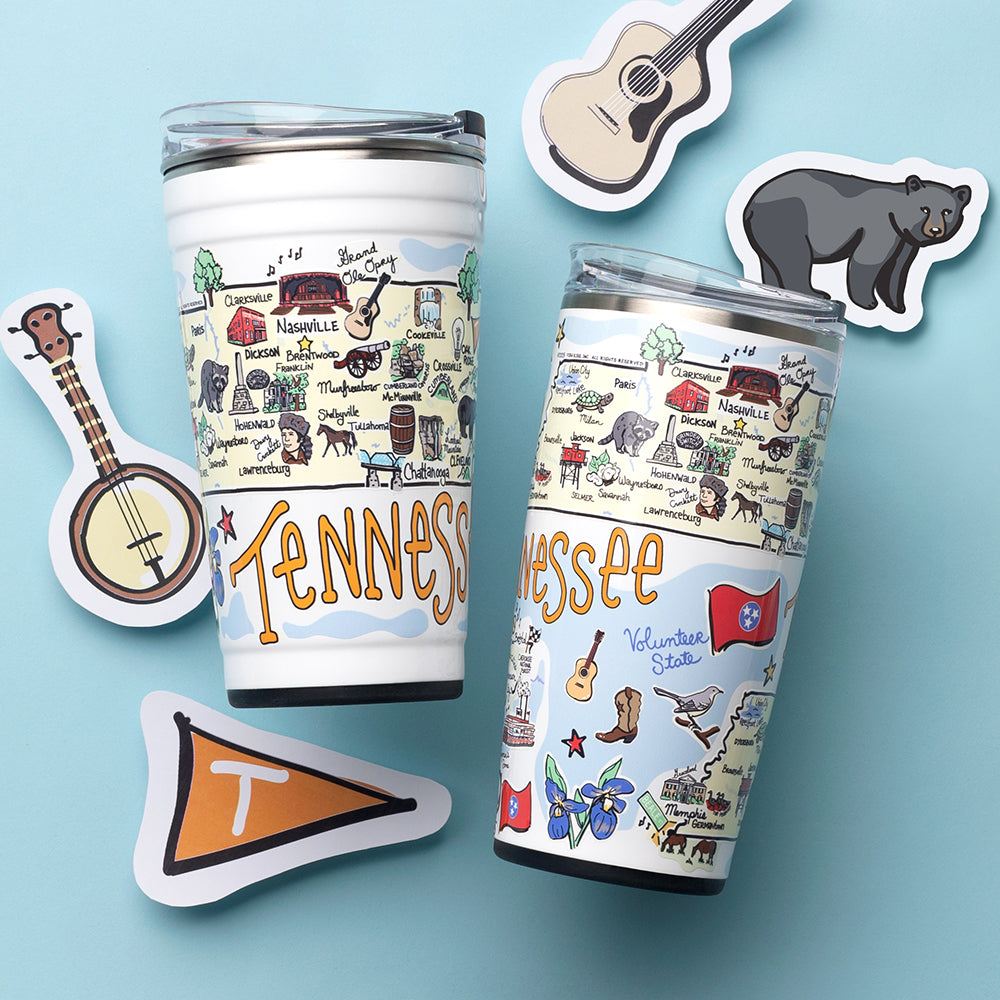 Swig Life Tennesse 24oz Party Cup and 22oz Tumbler shot on a light blue background with a banjo, guitar, and bear sticker