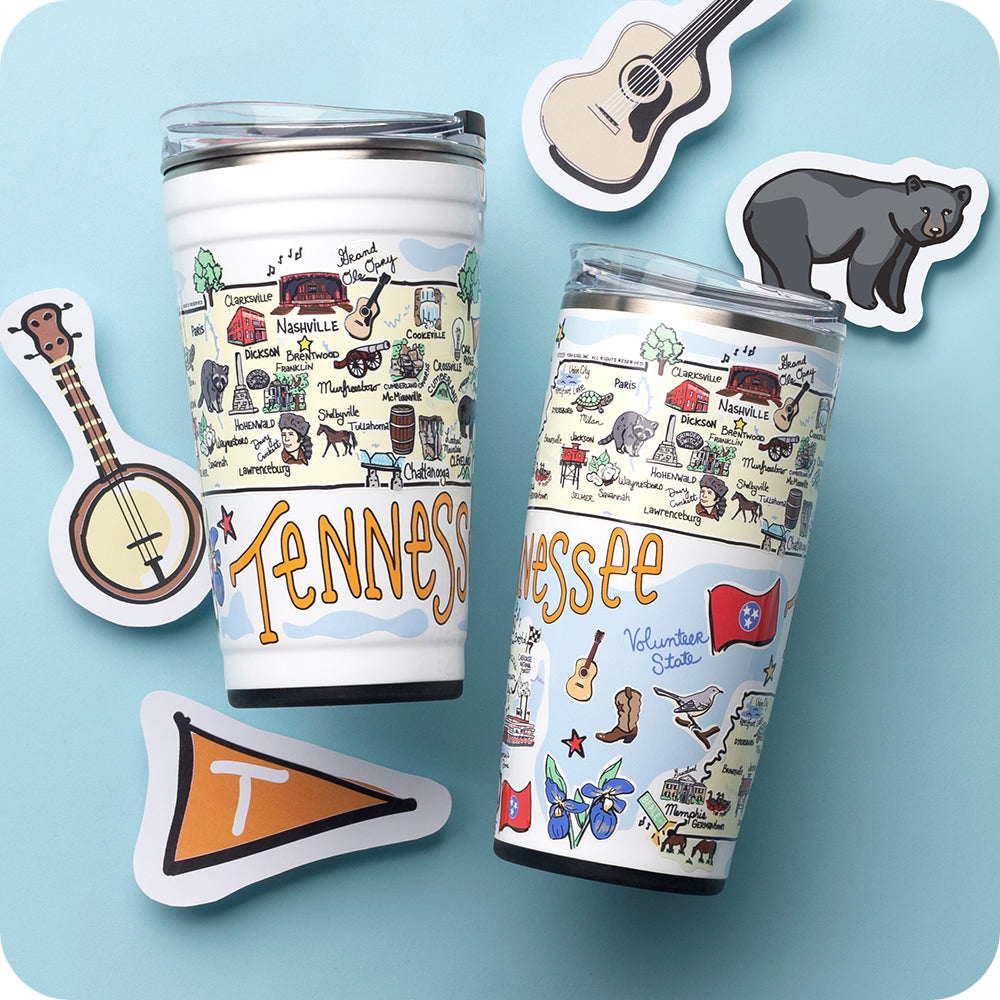 Swig Life Tennesse 24oz Party Cup and 22oz Tumbler shot on a light blue background with a banjo, guitar, and bear sticker