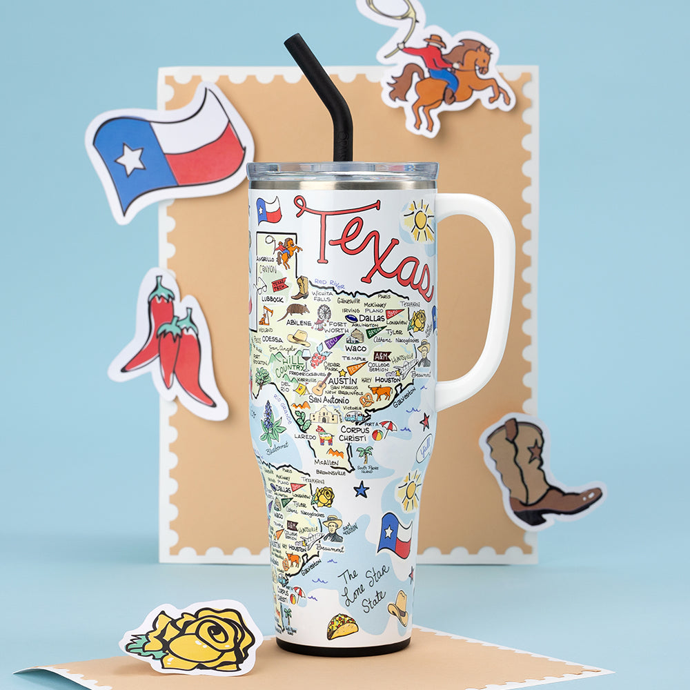 Swig Life 40oz Mega Mug in Texas shot on a light blue background with Texas flag, cowboy boot, and rodeo sticker