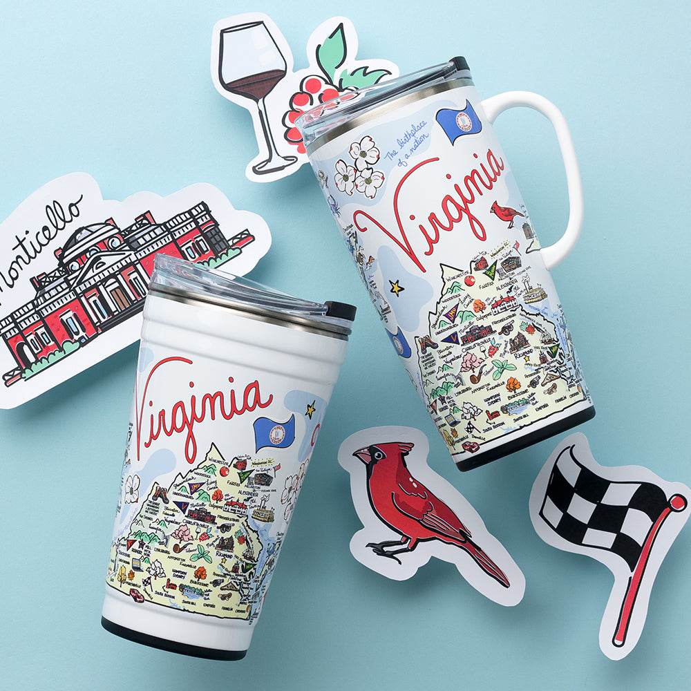 Swig Life 24oz Party Cup and 22oz Travel mug in Virginia shot on a light blue background with a cardinal, vino, and Monticello sticker