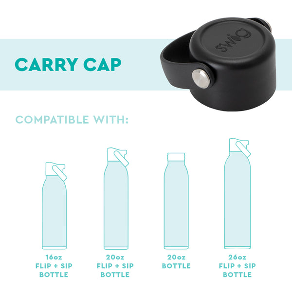 Swig Life Black Carry Cap compatible with 16oz, 20oz and 26oz bottles fit guide