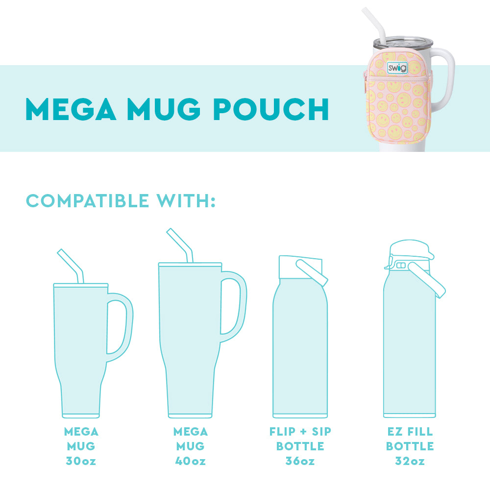 Swig Life Mega Mug Pouch fit guide showing compatible drinkware