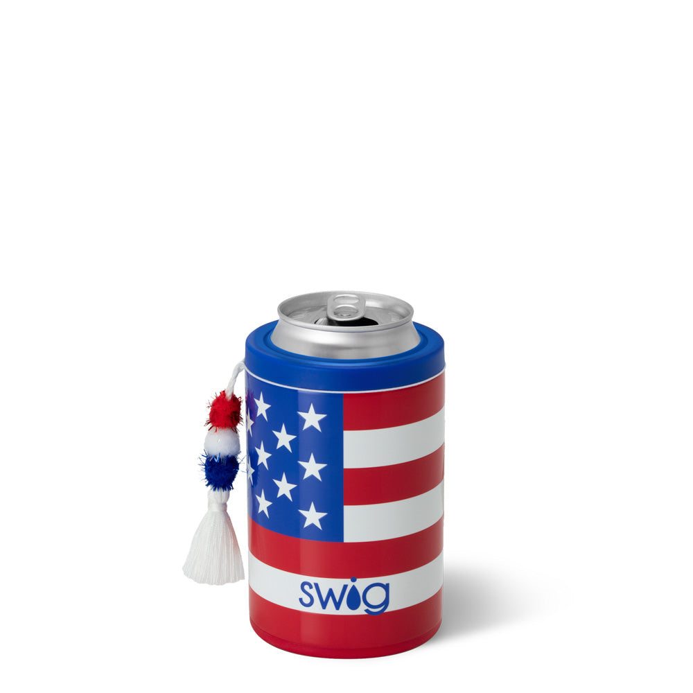 Swig Life 12oz All American Insulated Can + Bottle Cooler shown with a can inside