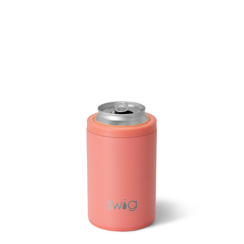 Swig Life 12oz Coral Insulated Can + Bottle Cooler shown with a can inside