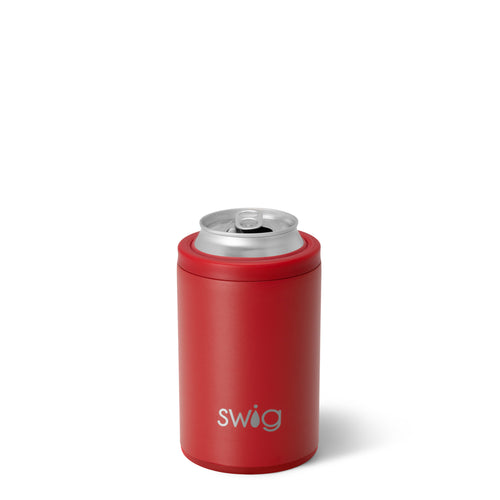 Swig Life 12oz Crimson Insulated Can + Bottle Cooler shown with a can inside