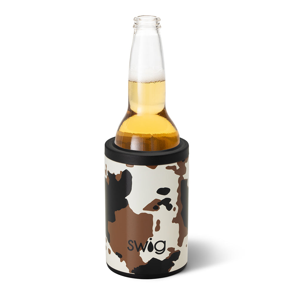 Swig Life 12oz Hayride Cow Print Insulated Can + Bottle Cooler shown with a bottle inside