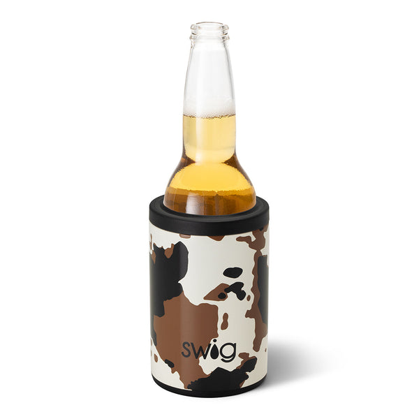 Swig Life 12oz Hayride Cow Print Insulated Can + Bottle Cooler shown with a bottle inside
