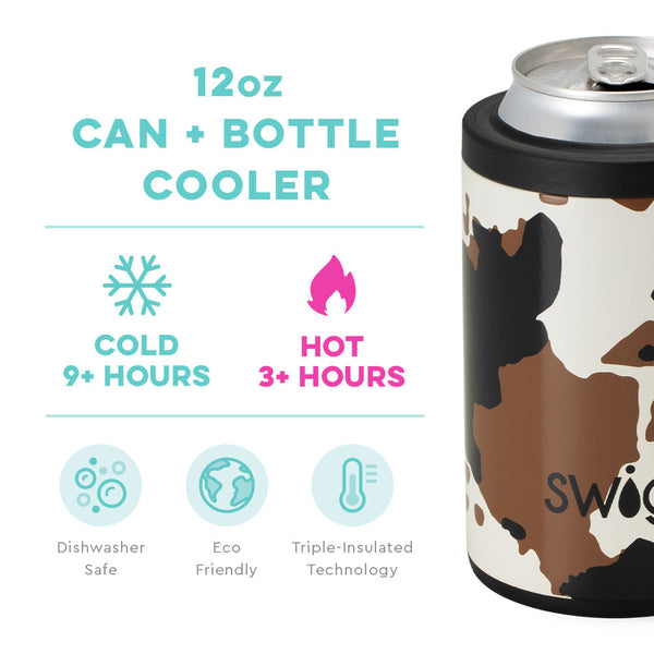 Swig Life 12oz Hayride Cow Print Can + Bottle Cooler temperature infographic - cold 9+ hours and hot 3+ hours