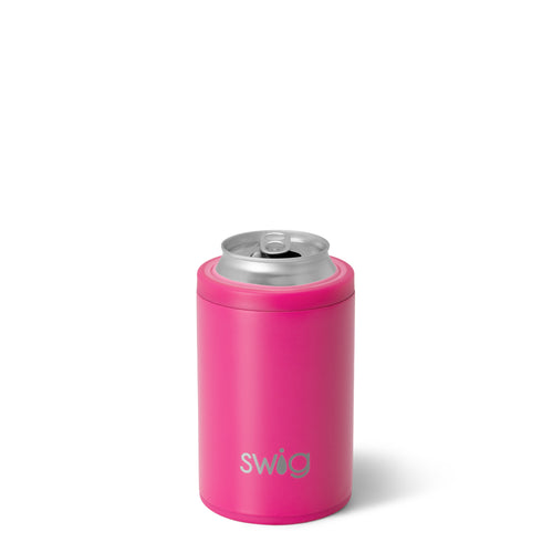 Swig Life 12oz Hot Pink Insulated Can + Bottle Cooler shown with a can inside