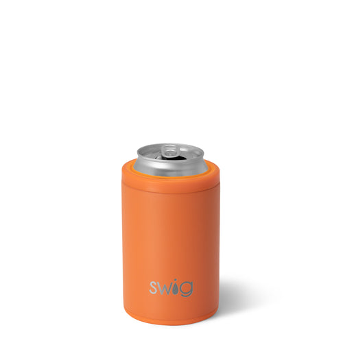 Swig Life 12oz Orange Insulated Can + Bottle Cooler shown with a can inside