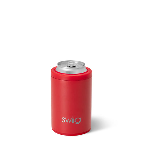 Swig Life 12oz Red Insulated Can + Bottle Cooler shown with a can inside