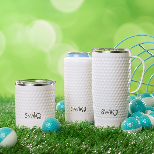 Swig Life Golf Partee collection on a green grassy background surrounded by golf balls