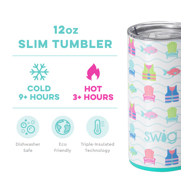 Swig Life 12oz Lake Girl Slim Tumbler temperature infographic - cold 9+ hours or hot 3+ hours