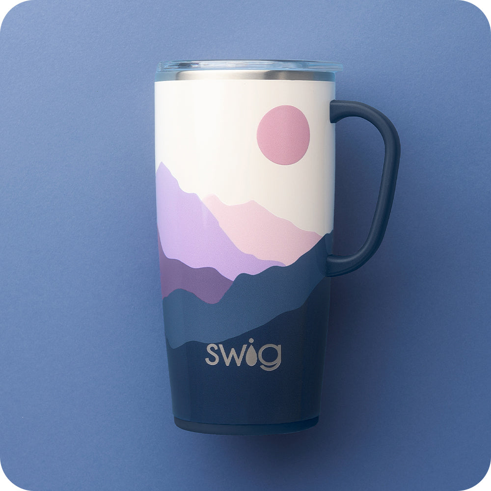 Swig Life Insulated 22oz Moon Shine Travel Mug with handle on a cool blue background