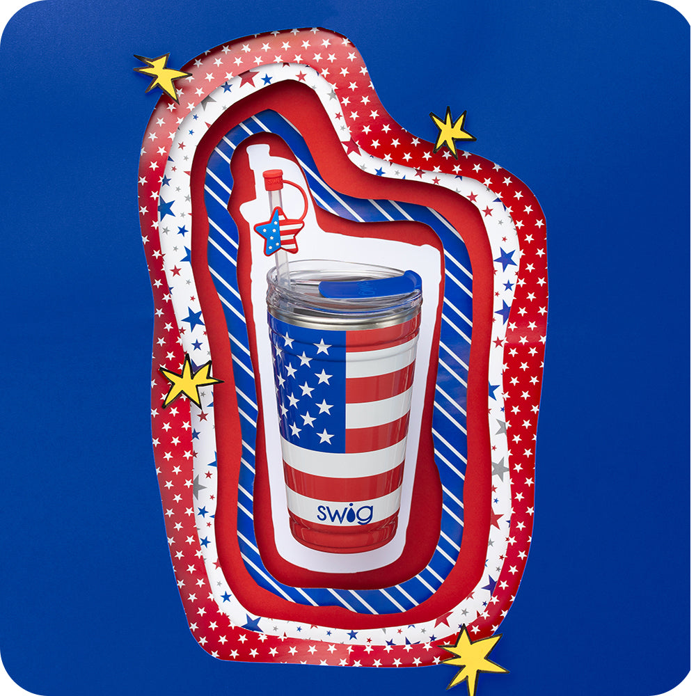 Swig Life 24oz All American Insulated Party Cup on a collage red white and blue background with stars
