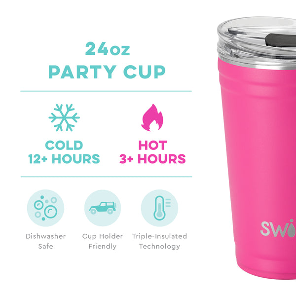 Swig Life 24oz Hot Pink Party Cup temperature infographic - cold 12+ hours or hot 3+ hours