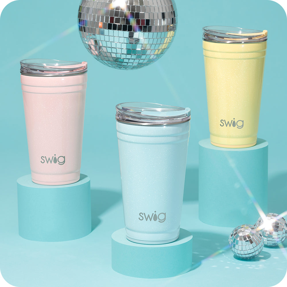 Swig Life 24oz Shimmer Ballet Insulated Party Cups on a pink background