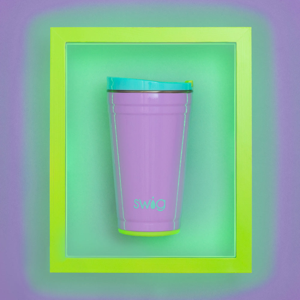 Swig Life 24oz Ultra Violet Insulated Party Cup on a purple and lime green background