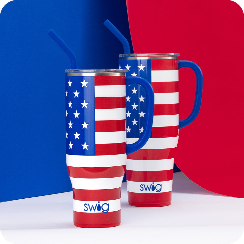 Swig Life 30oz Insulated All American Mega Mug on a red white and blue background