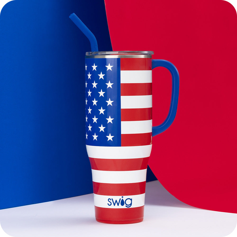 Swig Life 40oz All American Insulated Mega Mug on a red, white, and blue background