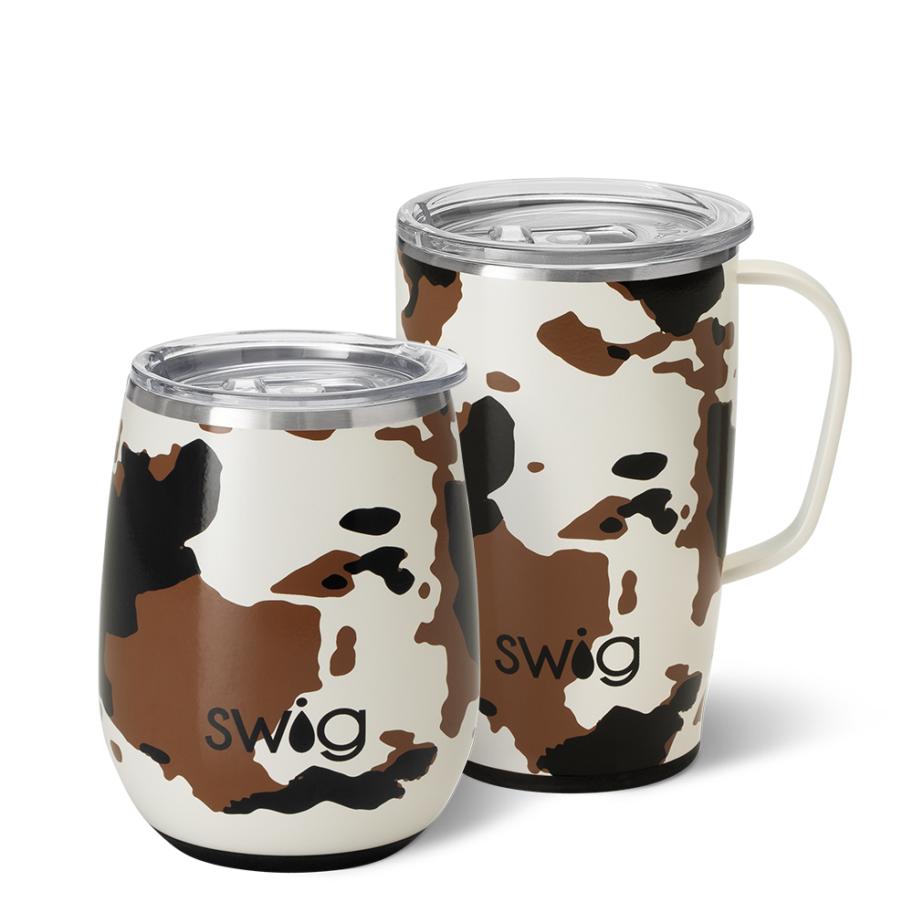 Swig Life Hayride Cow Print AM+PM Set including a 14oz Hayride Stemless Wine Cup and an 18oz Hayride Travel Mug
