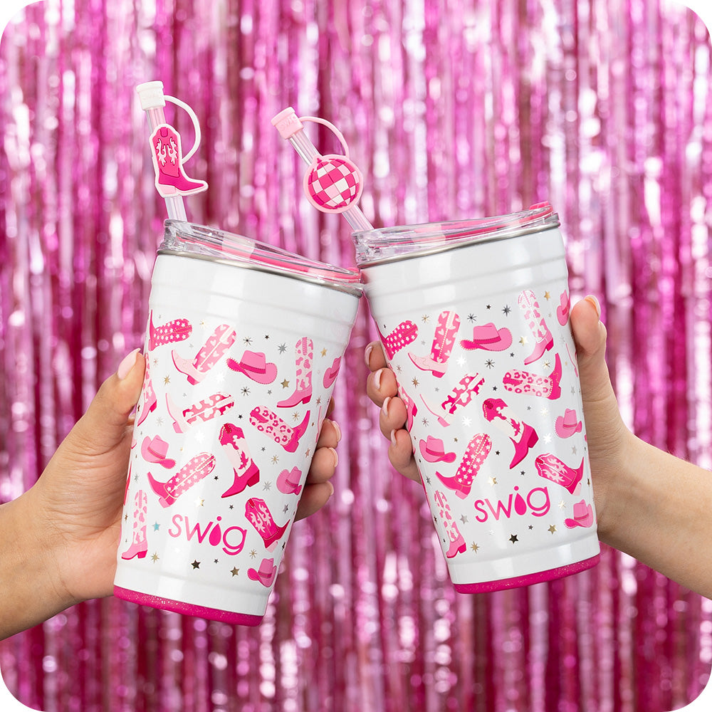 Swig Life Let's Go Girls 24oz Party Cups on a sparkly pink background
