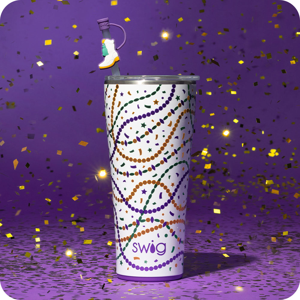 Swig Life Hey Mister 32oz Tumbler on a purple background with gold confetti