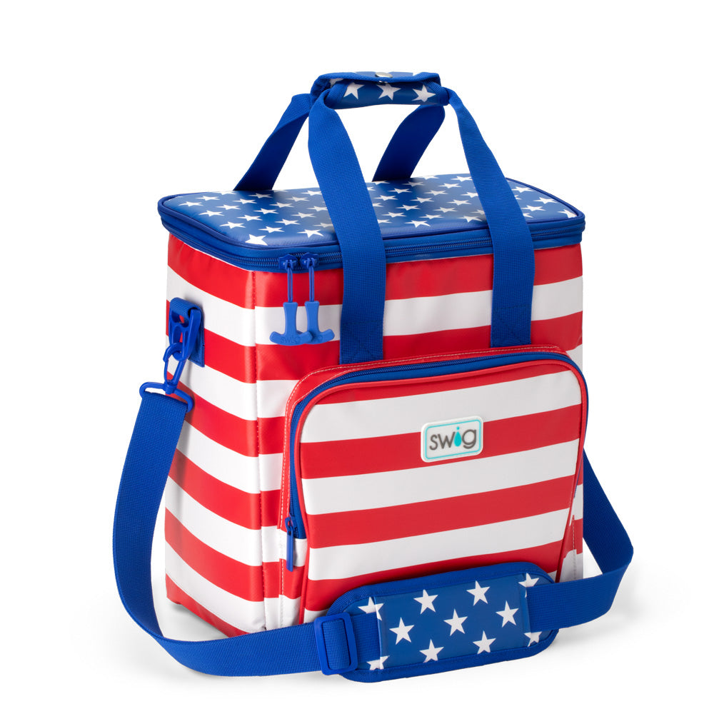Swig Life All American Insulated Boxxi 24 Cooler with top handle and shoulder strap can carry up to 24 liters