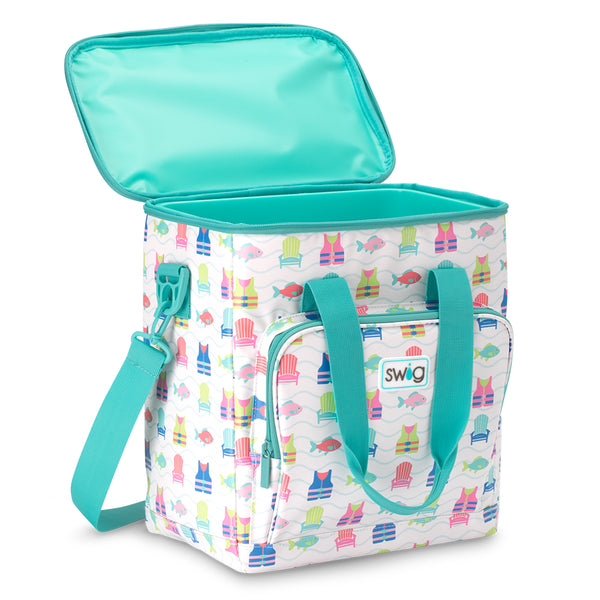 Swig Life Lake Girl Boxxi 24 Cooler open view showing aqua insulted lining and zipper enclosure