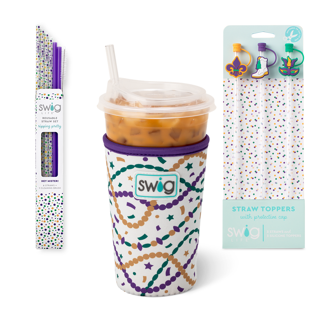 Swig Life Hey Mister Accessory Bundle featuring an Iced Cup Coolie, Straw Topper Set, and Reusable Straw Set