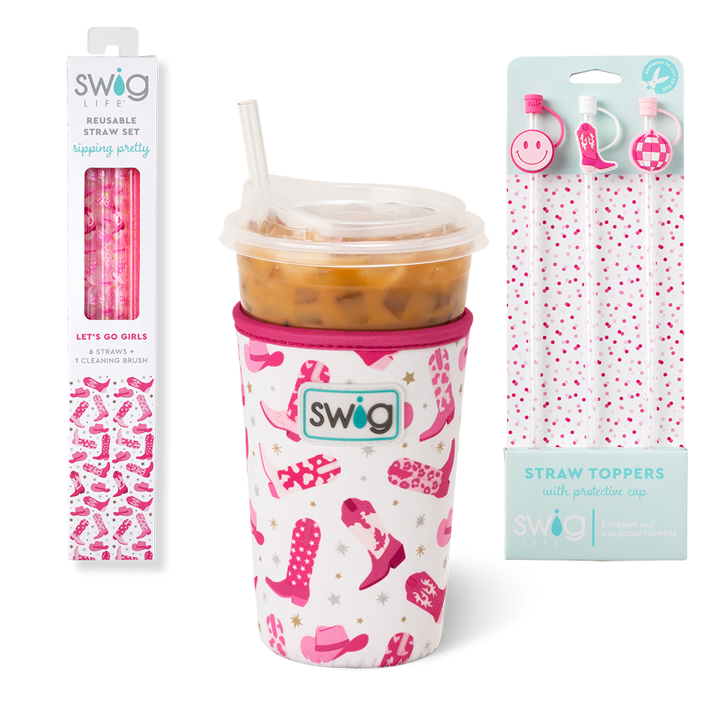 Swig Life Let's Go Girls Accessory Bundle featuring an Iced Cup Coolie, Straw Topper Set, and Reusable Straw Set