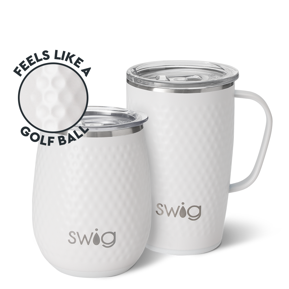 Swig Life Golf Partee AM+PM Set including a 14oz Golf Partee Stemless Wine Cup and an 18oz Golf Partee Travel Mug